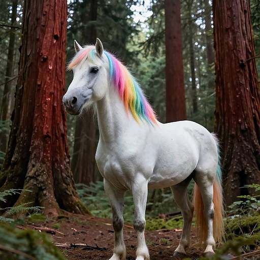 Photograph of a white unicorn with a vibrant rainbow mane standing in a dense redwood forest, sunlight filtering through tall trees.