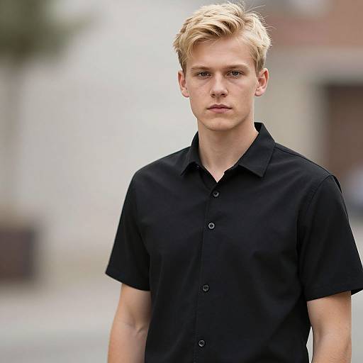 Photograph of a young man with blonde hair, fair skin, and blue eyes, wearing a black short-sleeve button-up shirt, standing outdoors