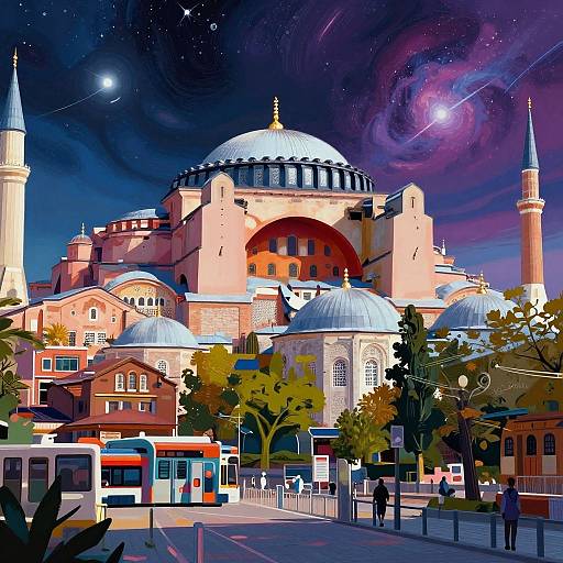 Digital art of a vibrant, starry night sky over a colorful, domed mosque with minarets, buses, trees, and pedestrians in the