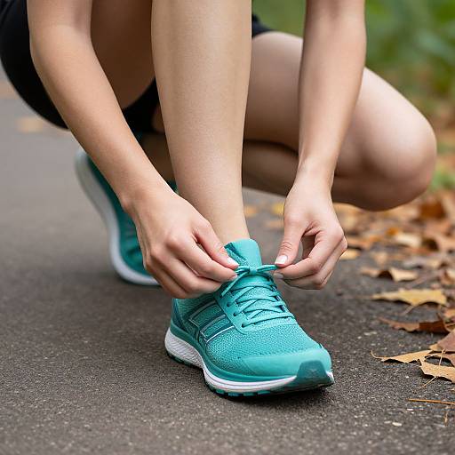 Photograph of a person with fair skin, crouching outdoors, tying turquoise athletic shoes on a paved path with fallen leaves.