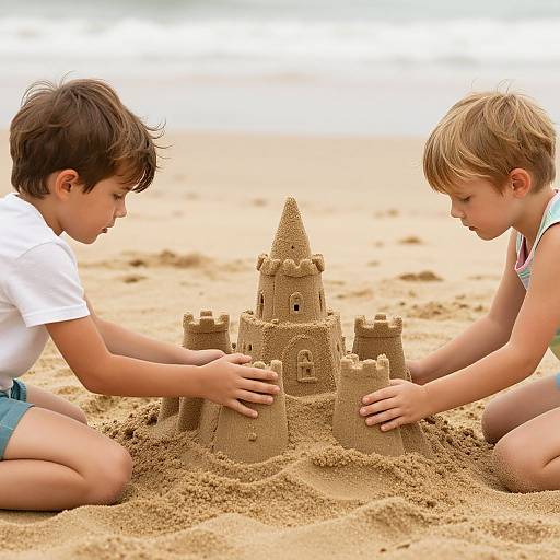 Photograph of two young boys, one with brown hair and the other blonde, building a detailed sandcastle on a sandy beach.