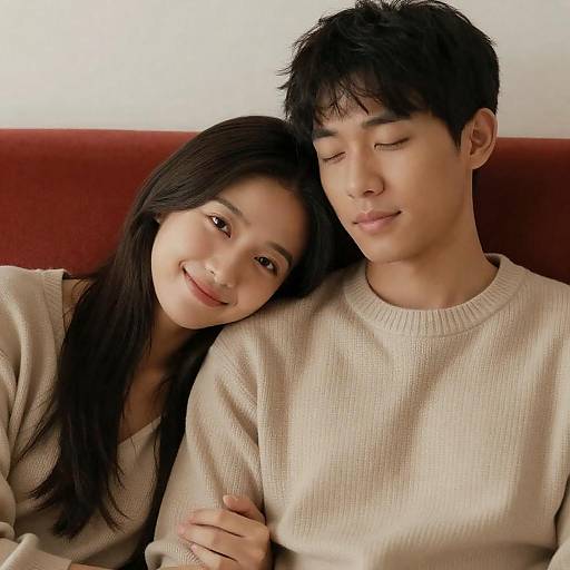 Relaxed Couple on Red Couch