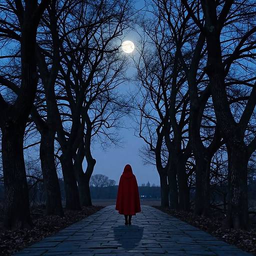 Silhouetted figure in red hooded cloak walks down moonlit, tree-lined path under a full moon, creating a mysterious, blue-toned