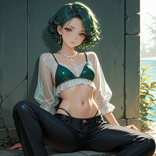 Anime Girl with Green Hair Sitting Outdoors