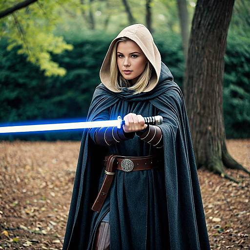 Female Jedi Knight with Blue Lightsaber Outdoors