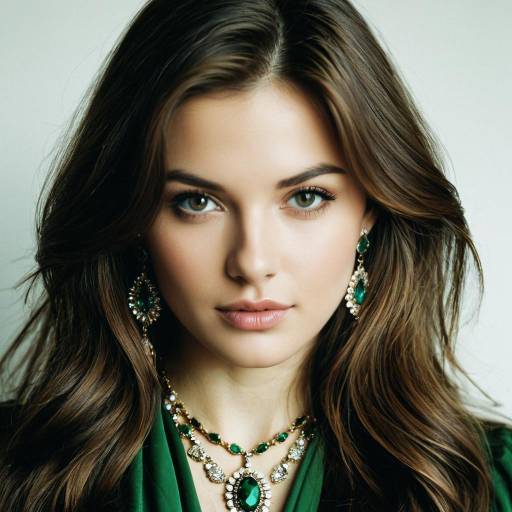 Portrait of Woman with Long Brown Hair and Green Jewelry