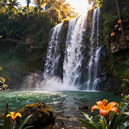 Photograph of a lush, tropical waterfall cascading into a turquoise pool, surrounded by vibrant orange flowers and dense, green foliage. Sunlight filters through