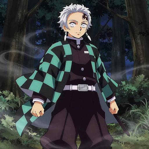 Anime-style digital drawing of a white-haired male character with wide eyes, wearing a black checkered coat and black uniform, standing in a dark, mist