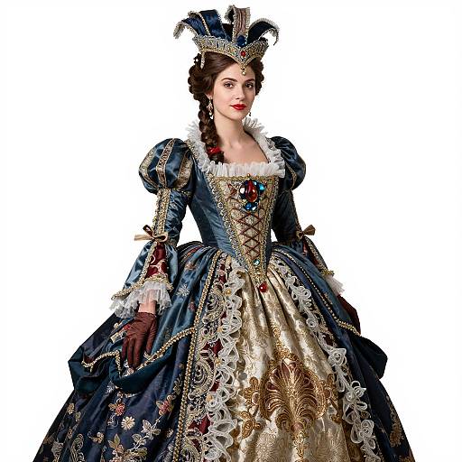 Photograph of a fair-skinned woman in an elaborate, baroque-style blue and gold gown with lace, feathers, and intricate embroidery, standing against