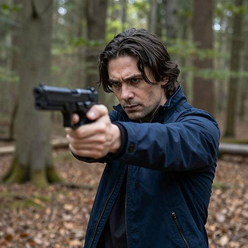 Man Aiming Handgun in Forest