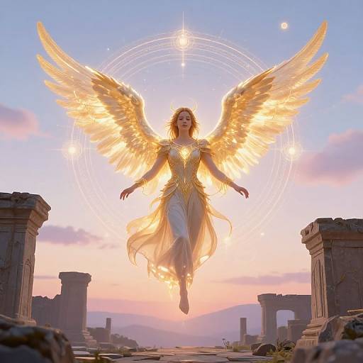 Digital artwork of a radiant, golden-winged angel with flowing blonde hair, dressed in a glowing, gold and white gown, floating above ancient ruins at