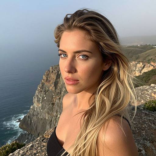 Photograph of a blonde, blue-eyed woman with fair skin, wearing a black top, standing on a cliff with ocean and coastline in the background,