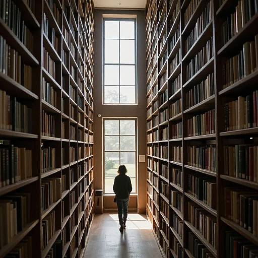 Photograph of a person with short hair, wearing a black jacket, walking away from a large window in a narrow, tall library aisle flanked by