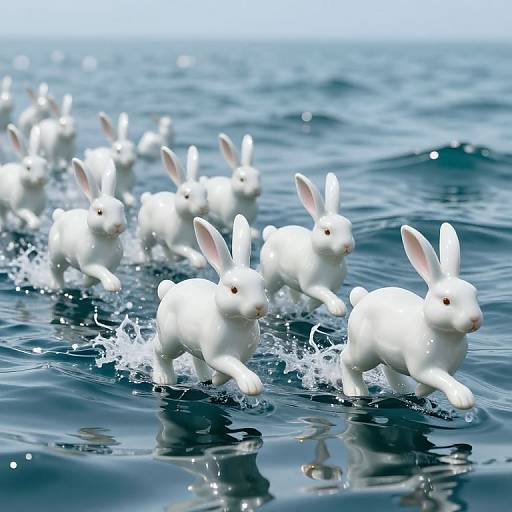 Porcelain Rabbits Galloping on Mirrored Ocean