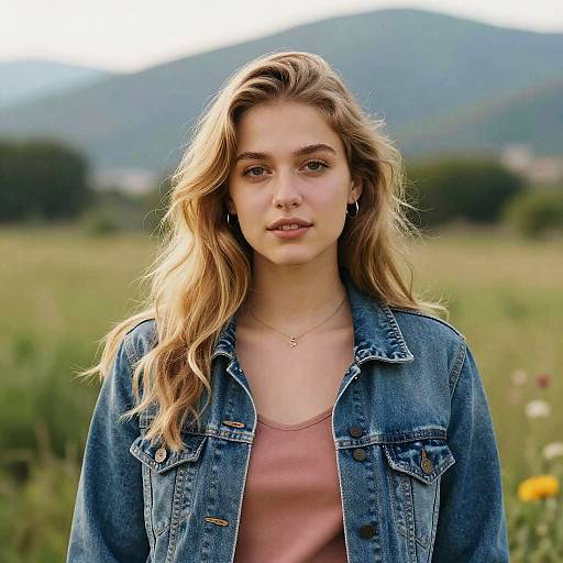 Photograph of a young woman with long blonde hair, wearing a denim jacket over a pink top, standing in a grassy field with mountains in the