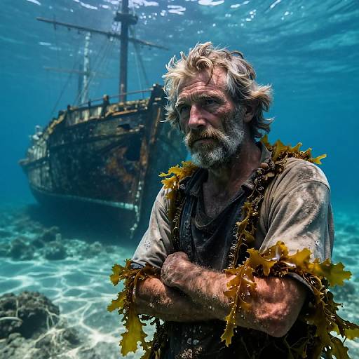 Photograph of a weathered, bearded man with gray hair, wearing seaweed garlands, standing underwater with a sunken ship in the background
