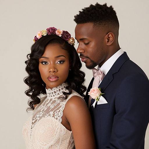 Photograph of a Black couple in wedding attire; woman in lace dress, flower crown, man in navy suit, white shirt, pink rose bouton