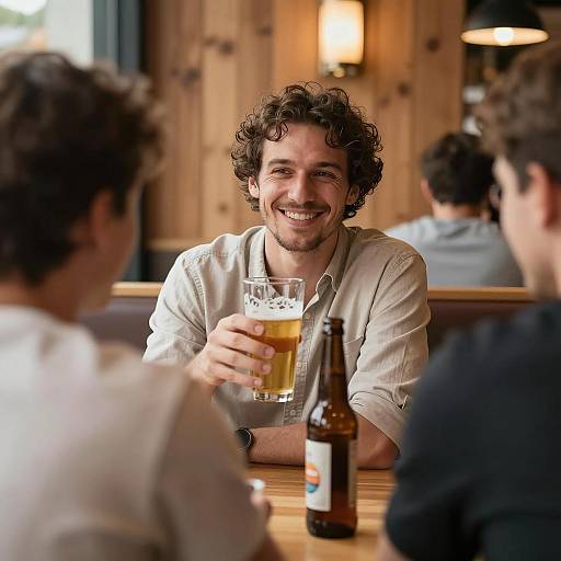 Cheerful Man Enjoying Beer in Booth
