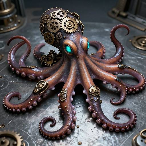 Steampunk-style digital artwork of a copper and gold gear-adorned octopus with glowing blue eyes on a metallic, gear-filled surface.