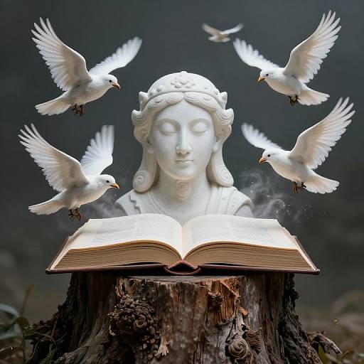 Photograph of a white stone goddess statue with closed eyes, surrounded by six white doves, perched on an open book atop a weathered tree