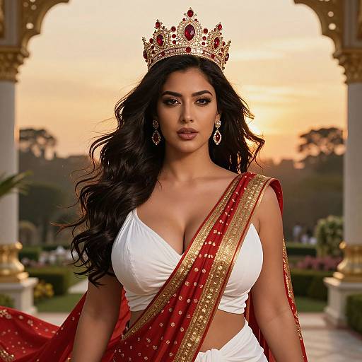 Photograph of a beautiful South Asian woman with long black hair, wearing a gold crown, red and gold sari, white top, and earrings,