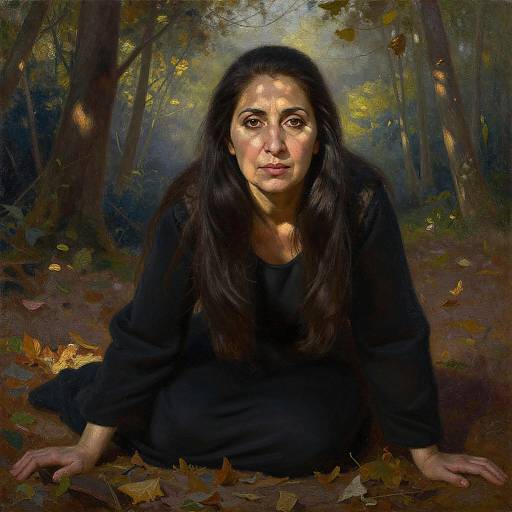 Photorealistic digital painting of a woman with long black hair and dark eyes, kneeling in a forest, wearing a black long-sleeve top,
