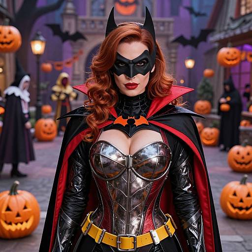 Photograph of a red-haired woman in a Batgirl costume with a black mask, shiny silver corset, and red cape, surrounded by carved pump