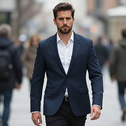 Photograph of a handsome, bearded man in a dark blue suit and white shirt walking confidently through a blurred city street.