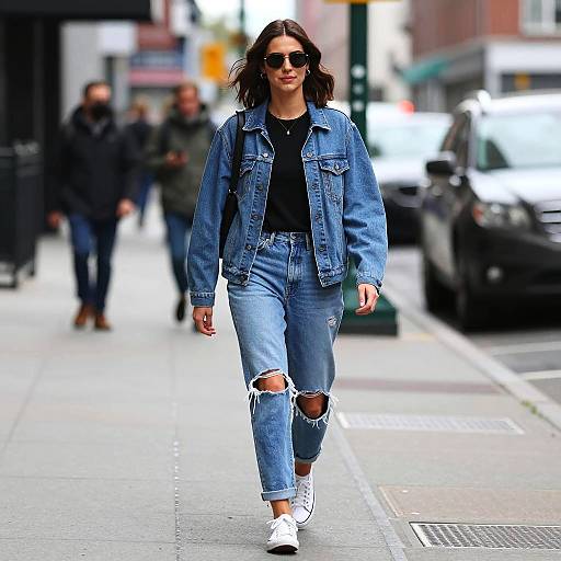 Stylish Woman Walking in Denim Outfit