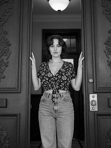 Black-and-white photograph of a woman with wavy hair, wearing a floral blouse and high-waisted jeans, standing in an ornate doorway,