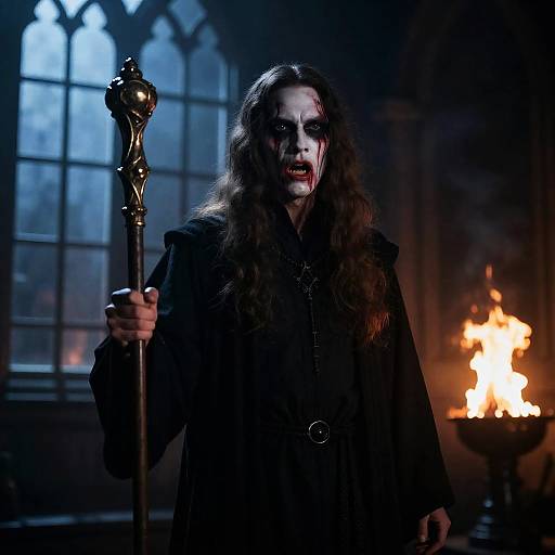 Gothic Sorcerer with Staff and Blood-Streaked Face