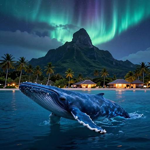 Photograph of a massive blue whale in a tropical ocean at night, with northern lights illuminating a mountain and palm trees.