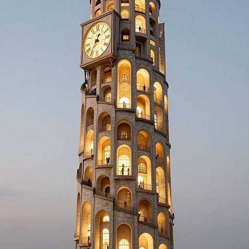 Photograph of a tall, illuminated clock tower with warm yellow lights in arched windows against a clear blue sky at dusk.