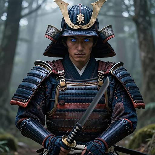 Photograph of a samurai warrior in detailed black and red armor, with blue glowing eyes, holding a sword in a misty forest.