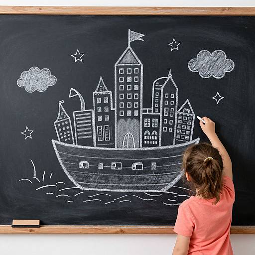 Photograph of a child in an orange shirt drawing a cityscape on a blackboard with white chalk, featuring buildings, a flag, stars, and