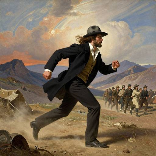 Digital illustration of a bearded man in 19th-century attire, running with determination in a dusty desert landscape, pursued by a group of soldiers under