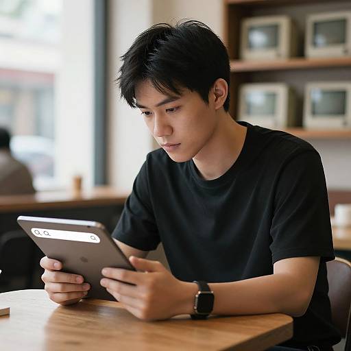 Photograph of an Asian man with short black hair, wearing a black t-shirt, intently using a tablet at a wooden table in a brightly lit