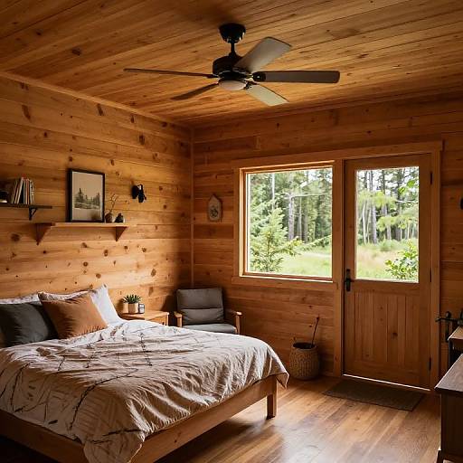 Photograph of a cozy wooden cabin bedroom with a bed, black pillows, white patterned duvet, ceiling fan, shelves, chair, window,