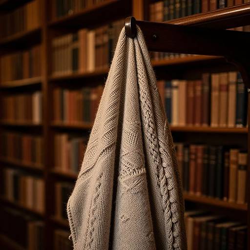 Photograph of a knitted, beige scarf hanging on a wooden bookshelf with blurred, dark wooden bookshelves filled with books in the background.