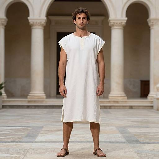 Photograph of a muscular man with curly brown hair, wearing a white ancient Greek-style tunic and sandals, standing in a colonnaded courtyard.