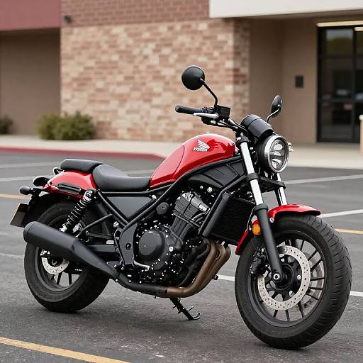 Photograph of a red Honda motorcycle with black accents, parked on a suburban street, in front of a brick building.