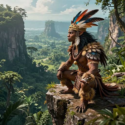 Digital artwork of a muscular, dark-skinned Native American warrior with colorful feathers, fur armor, and jewelry, sitting on a tree stump overlooking a lush