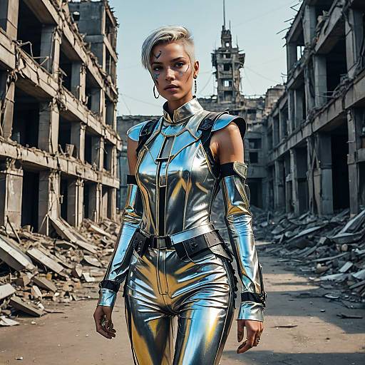 Androgynous Woman in Futuristic Silver Bodysuit in Post-Apocalyptic Ruins