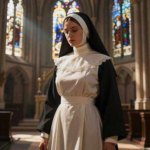Photograph of a young, Caucasian woman in traditional black and white nun's habit, standing in a sunlit, stained glass cathedral.