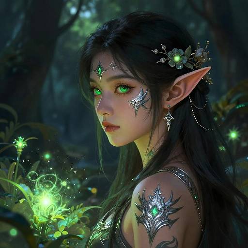 Digital fantasy artwork of a beautiful elf woman with glowing green eyes, long black hair, pointed ears, and intricate silver tattoos, surrounded by glowing green fire