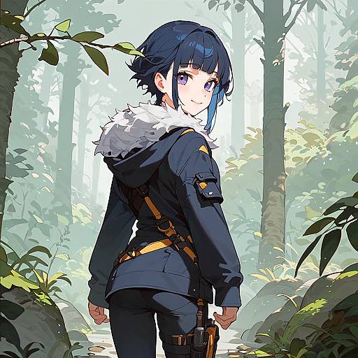 Anime Girl in Forest with Dark Blue Hair
