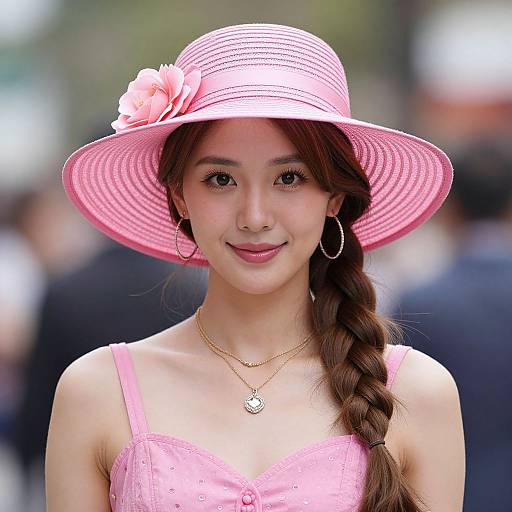 Photograph of an Asian woman with light skin, long brown braid, wearing a pink sunhat with flower, pink lace top, gold hoop earrings