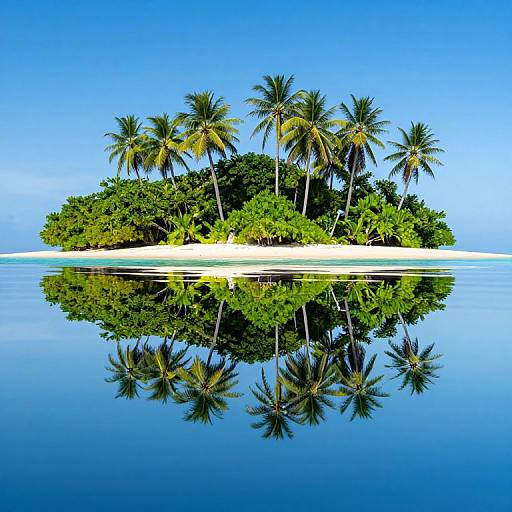 Photograph of a small, tropical island with tall palm trees, lush green foliage, and a pristine sandy beach reflected in calm, blue water under a