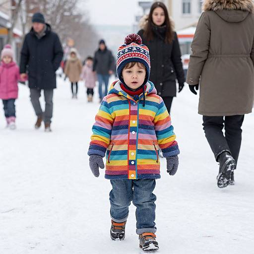Photograph of a young boy in a colorful striped winter coat, black beanie, and gray gloves walking in snowy urban area, surrounded by adults and