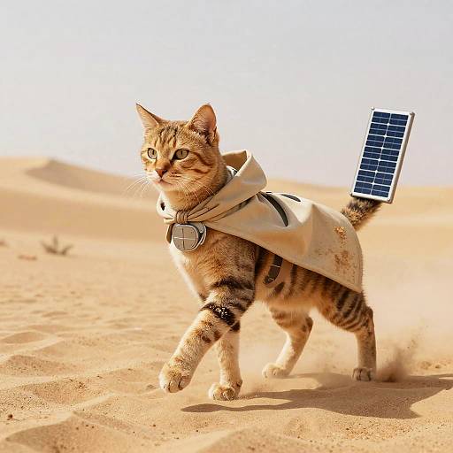 Photograph of a tabby cat with a solar panel on its back, wearing a white cape and goggles, running through a sunlit desert.